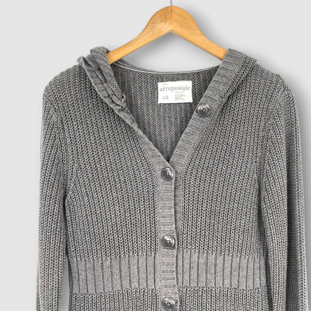 Y2k Aeropostale Gray Knit Hooded Cardigan Button Front Sweater Women’s Large - Picture 5 of 5